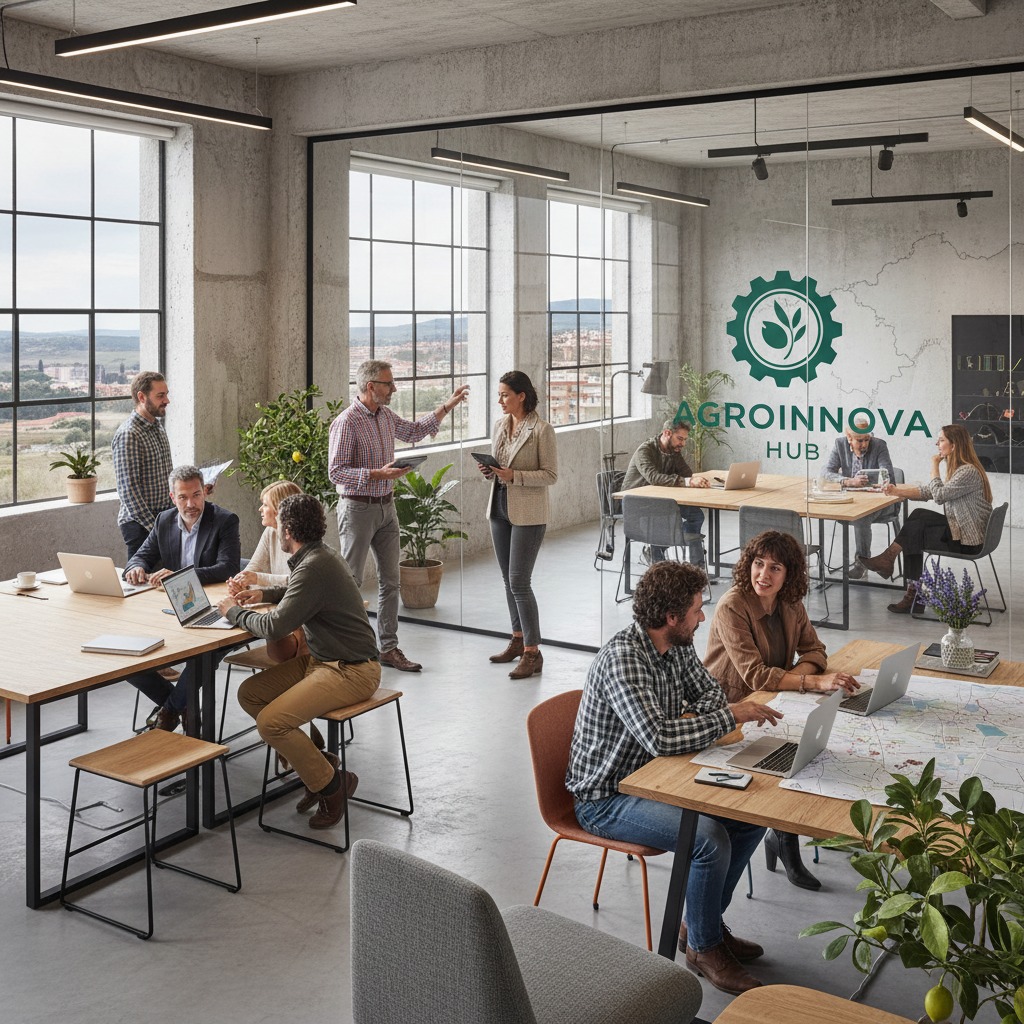 Un equipo diverso de profesionales trabaja en un espacio de oficina moderno y luminoso con grandes ventanales y el logotipo de Agroinnova Hub en la pared de cristal.